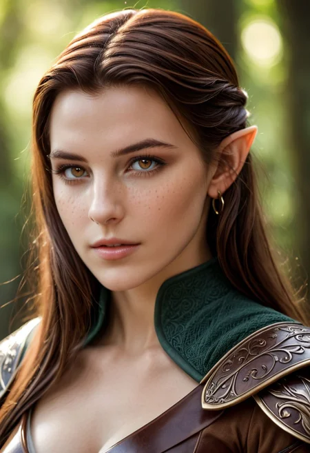 high fantasy style RAW photo, (Beautiful elf woman with pointed ears), Magical, medieval fantasy style, vibrant, stunningly beautiful, crisp, detailed, high contrast, cinematic, ultra detailed, intricate, professional, (high quality:1.4), (intricate, high detail:1.2), professional photography, HDR, High Dynamic Range, realistic, ultra realistic, photorealistic, high resolution, film photography, ambient lighting, UHD, Elf, sleek leather armor, Dark cloak, brown Hair, Freckles, brown eyes, face focus, cleavage, elf ears, elven jewelery, close up,