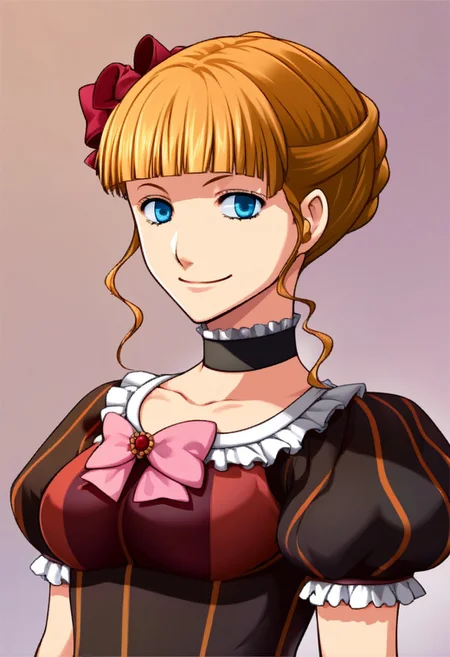 score_9, score_8_up, score_7_up, source_anime BREAK <lora:zs_ZeroAzurePortraitsXL:1> zeroazureportraits, solo, upper body, simple background, upper body, 1girl, smile, beatrice (umineko), dress, pink bow, choker
