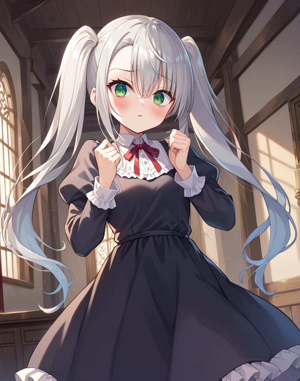 rene_yuusha, grey hair, green eyes, twintails, long sleeves,  puffy sleeves, red ribbon, neck ribbon, very long hair, juliet sleeves, closed mouth, bags under eyes, black royal dress, bell skirt  BREAK indoors, medieval, bedroom BREAK cute pose, looking at viewer, open mouth,blush, embarassed, cowboy shot, BREAK score_9, score_8_up, score_7_up, source_anime ,zPDXL, perfect hand,<lora:Rene-000017:0.8>