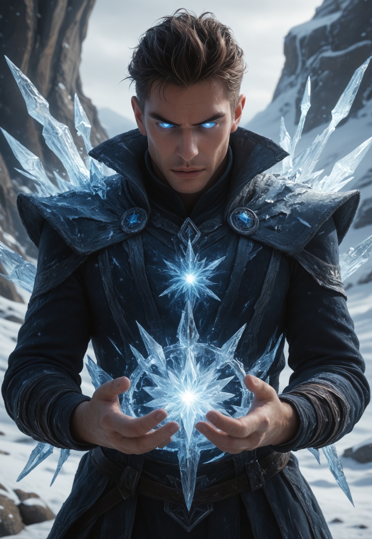 safe_pos, score_9, score_8_up, score_7_up, ((( highly detailed, masterpiece, perfect drawing, detailed, hd)))
,
((( )))
,
(( 1boy, solo, ))
,
((( Dynamic, action, head tilted left, parted lips)))
,
((( Handsome, smirk )))
,
(( Icemagmb, ice, Blue eyes, glowing eyes, ice spire ))
,
(( ))
,
((( Best view )))
,
()