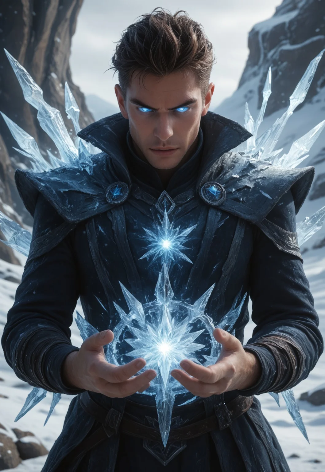 safe_pos, score_9, score_8_up, score_7_up, ((( highly detailed, masterpiece, perfect drawing, detailed, hd)))
,
((( )))
,
(( 1boy, solo, ))
,
((( Dynamic, action, head tilted left, parted lips)))
,
((( Handsome, smirk )))
,
(( Icemagmb, ice, Blue eyes, glowing eyes, ice spire ))
,
(( ))
,
((( Best view )))
,
()