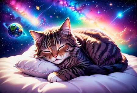 anime style, detailed illustration, a cute sleeping cat, tabby, extra fluffy, curled up, eyes closed, on floating pillow, cloud, stars, moons, all planets, rainbows, shooting star, comet, galaxies, nebula, [[[[embrace the kitsch]]]], dream, ethereal, misty, calm, soft lighting, Jed-Cosmos, damagedphoto, ((((vignette, black vignette, soft blurred edges))))