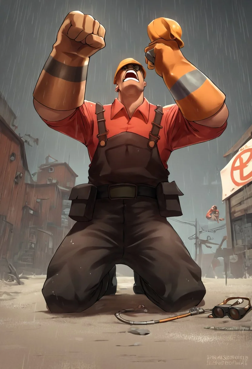 score_9, score_8_up, score_7_up, score_6_up, score_5_up, score_4_up, tf2engineer, redengie, red shirt, hardhat, sunglasses, single glove, low angle, kneeling, screaming, looking up, backlit, dramatic lighting, raining, Team Fortress 2 map, pl_badwater, payload track, outdoors, fps game