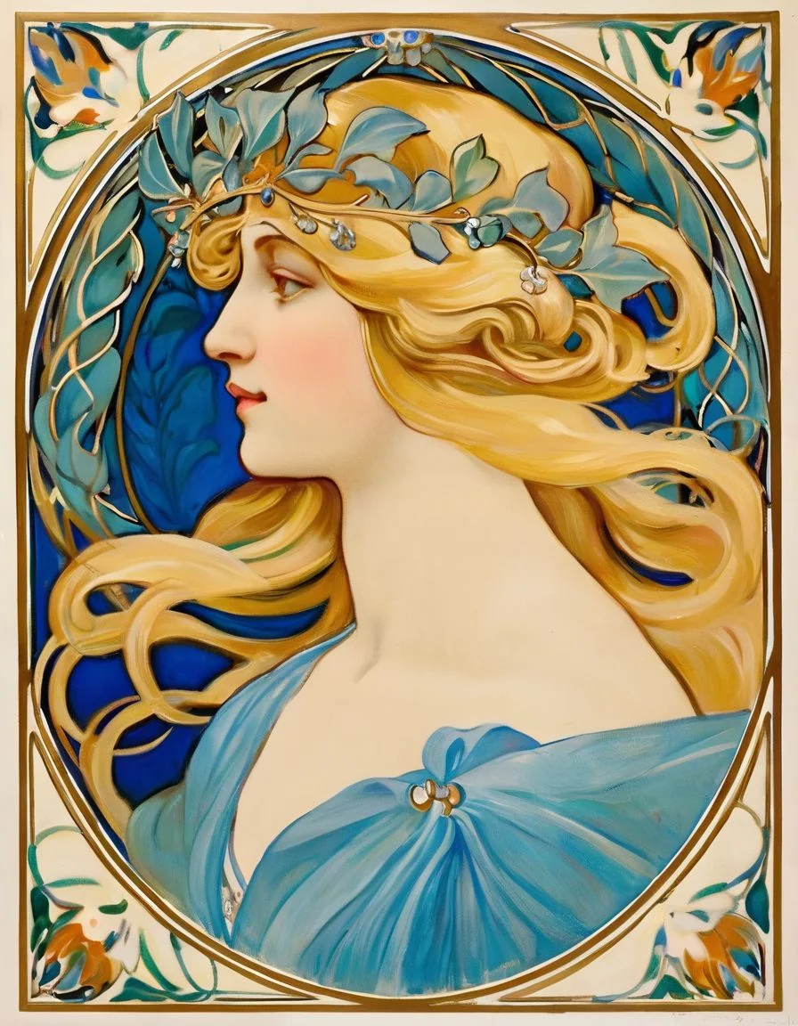 a painting study of a woman by AlfMch, frame, simple background, blonde hair, leaf crown, blue dress, art nouveau, <lora:mucha_XL:0.88>