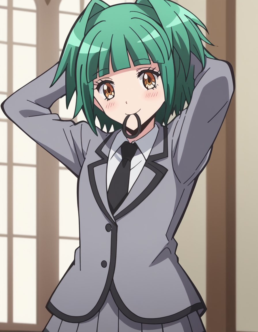 score_9, score_8_up, score_7_up, source_anime, <lora:kaede-kayano-s1s2-ponyxl-lora-nochekaiser:1>, kaede kayano, short hair, bangs, brown eyes, yellow eyes, green hair, hair intakes, anime screencap,, blazer, grey blazer, school uniform, pleated skirt, necktie, grey skirt, black necktie, white shirt, collared shirt, long sleeves,, mosque, dome, prayer, holy, architecture, smile, <lora:hair-tie-in-mouth-ponyxl-lora-nochekaiser:1>, hair tie in mouth, hair tie, mouth hold, rubber band, blush, tying hair, adjusting hair, hands in hair, arms up, arms behind head, ponytail, hand in own hair, hair lift, cowboy shot, looking at viewer, looking at viewer, solo,, dutch angle, cowboy shot