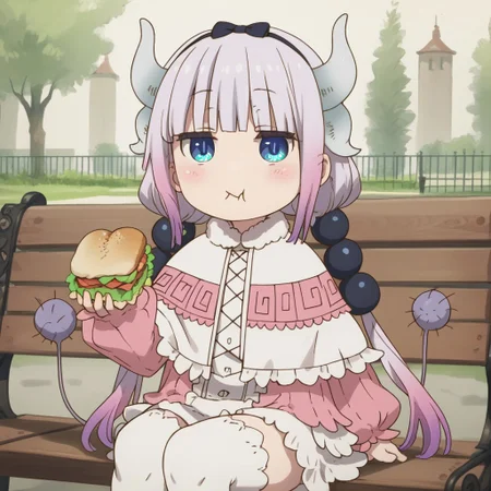 score_9, score_8_up, score_7_up, masterpiece, best quality, good quality, newest, detailed background, uncensored, 1 girl, Kanna_Kamui,
blue_eyes, slit_pupils, pink_hair, low_twintails, long_hair, blunt_bangs, gradient_hair, flat_chest, dragon_horns, tail, hair_beads, black_hairband, hair_bow, black_bow, frilled_dress, pink_dress, frilled_capelet, fur-trimmed_capelet, white_capelet, white_thighhighs, puffy_long_sleeves, pink_sleeves
park, bench, sitting on bench, eating sandwich