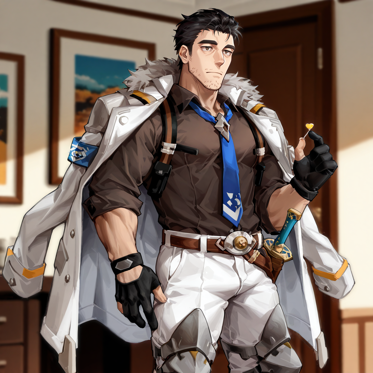 <lora:Zekhel_-_World_Flipper:.7>, z3kh3l_wf, brown eyes, black hair, stubble, z3kh3l_wf, brown eyes, black hair, stubble, fur-trimmed coat, coat on shoulders, collared shirt, brown shirt, blue necktie, partially fingerless gloves, belt, white pants, leg armor, armored boots
(very short hair, beard, bara, mature, facial hair, stubble, beard, full beard, sideburn, beard, a lot of beard, ), facial hair,male focus, muscular male, muscular male, bara, mature,  bara, mature, aixiwuganda_(20222192), very awa, masterpiece, best quality, absurdres, newest, perfect quality, detailed background, intricate details,
<lora:slider_Body Type_alpha1.0_rank4_noxattn_last:3><lora:style_Anime Summer Days 2 Style SDXL_LoRA_Pony Diffusion V6 XL:.6><lora:slider_cfg_scale_boost:.7><lora:face_Artist6p-10:.55>, Artist6p, Artist04p,<lora:slider_il_brightness_slider_d1:-1><lora:slider_il_contrast_slider_d1:-1><lora:slider_DarkSlider1.2_alpha1.0_rank16_full_300steps:-.6>