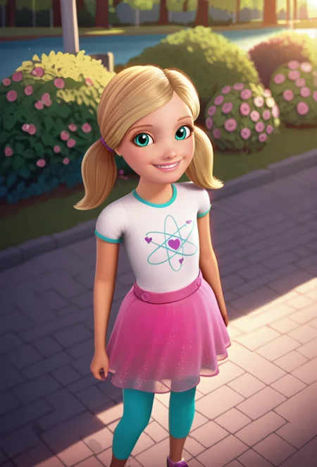 score_9, score_8_up, score_7_up, score_6_up, source_cartoon, best quality, 1girl, girl focus, full body, chelsea_pony_casual, twintails, aqua eyes, blonde hair, white shirt, short sleeves, pink skirt, leggings, cute, standing,  dynamic angle, looking at viewer, outdoors, smile, volumetric lighting , cinematic ,smile, dynamic angle, park, trees, detailed background,   <lora:Chelsea_Roberts_-_PONY-V2:1><lora:hand 5.5:1>