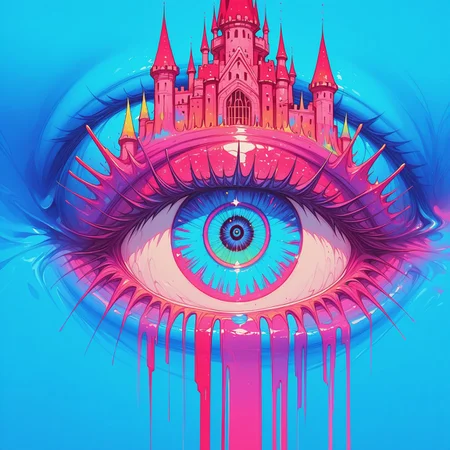 vdsur, surreal, colorful background, blue theme, close-up, eye, reflection, eye focus, castle, red banner,
high contrast, best quality, hires