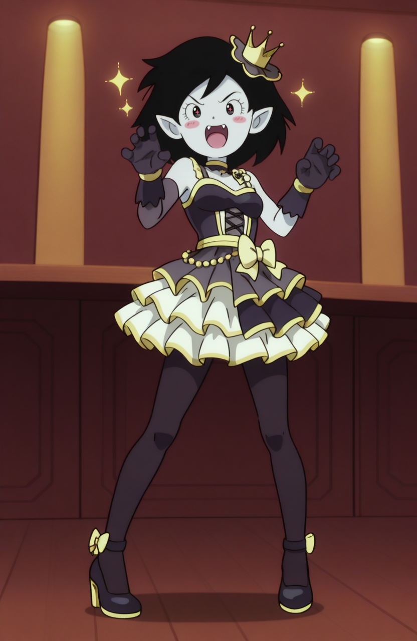 <lora:anatomy_helper:0.8> 1girl, solo, <lora:Broly_v1:0.9> dbsb,
idol outfit, stage costume, layered skirt, pantyhose, heels, long gloves, microphone accessory, <lora:adventuretime_marceline:0.7> adventuretime_marceline, black hair, pointy ears, black eyes, solid oval eyes, fangs, light grey skin,
bar, awed , blush stickers,  happy aura,  sparkling eyes,  open mouth,,claw pose, extremely detailed, highres, masterpiece, best quality