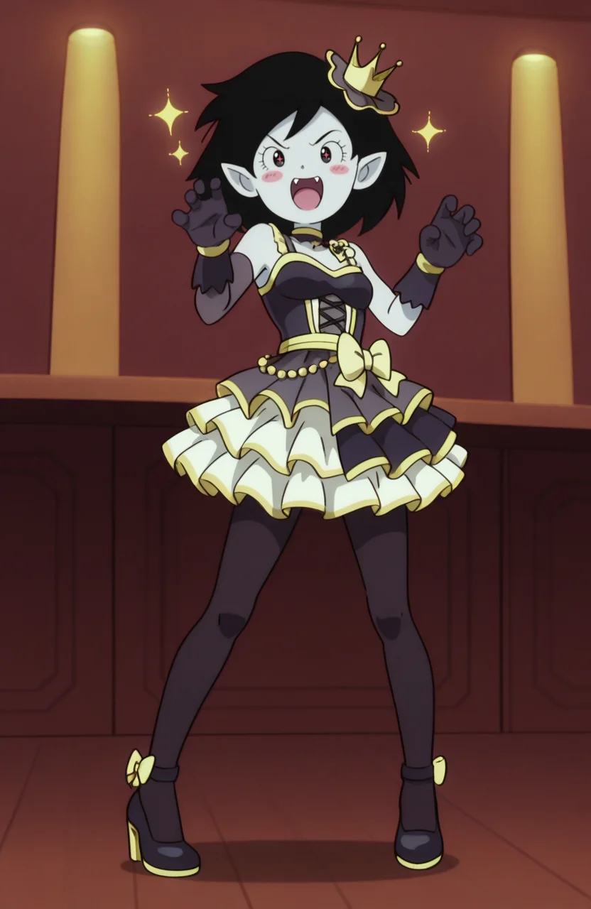 <lora:anatomy_helper:0.8> 1girl, solo, <lora:Broly_v1:0.9> dbsb,
idol outfit, stage costume, layered skirt, pantyhose, heels, long gloves, microphone accessory, <lora:adventuretime_marceline:0.7> adventuretime_marceline, black hair, pointy ears, black eyes, solid oval eyes, fangs, light grey skin,
bar, awed , blush stickers, happy aura, sparkling eyes, open mouth,,claw pose, extremely detailed, highres, masterpiece, best quality