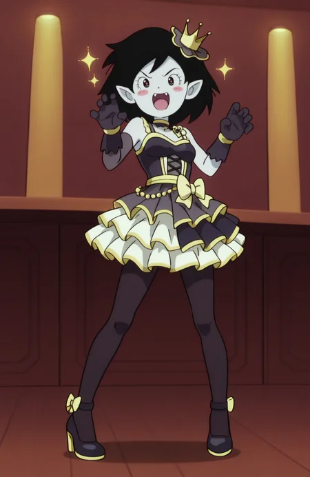 <lora:anatomy_helper:0.8> 1girl, solo, <lora:Broly_v1:0.9> dbsb,
idol outfit, stage costume, layered skirt, pantyhose, heels, long gloves, microphone accessory, <lora:adventuretime_marceline:0.7> adventuretime_marceline, black hair, pointy ears, black eyes, solid oval eyes, fangs, light grey skin,
bar, awed , blush stickers, happy aura, sparkling eyes, open mouth,,claw pose, extremely detailed, highres, masterpiece, best quality