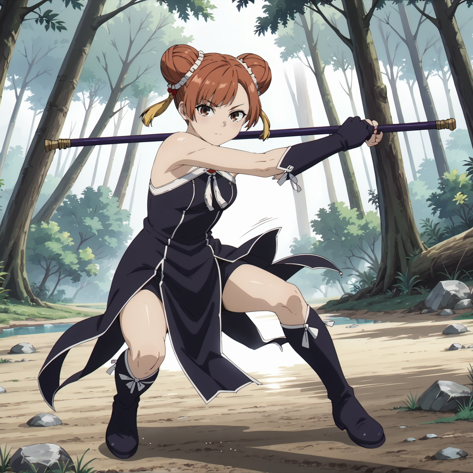 <lora:LaufenXL004>,<lora:DetailedEyes_V3:1.6>,looking at viewer,
solo,
anime screencap,
score_9,score_8_up,
Laufen,1girl,brown hair,short hair,double bun,brown eyes,yellow hairornament,
black dress,bare shoulders,
gloves,
pelvic curtain,
boots,
nature,sunbeams,forest,
full body,fighting_stance,holding polearm,
(motion lines:1.3),(motion_blur:1.2),(speed_lines:1.2),lightning effect,