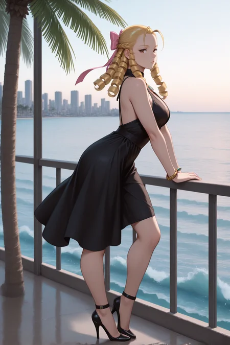 masterpiece, best quality, 1girl, solo, <lora:kanzukikarin-illu-nvwls-v1-000005:1> sfkrn, blonde hair, ringlets, hair pulled back, antenna hair, brown eyes, hair bow, pink bow, pendant, black dress, sleeveless dress, bracelet, from side, palm tree, ocean, seaside, city, looking at viewer, high heels, full body, legs, bored