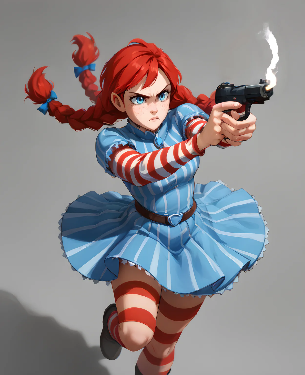 smoke, fn five-seven, five-seven, gun, pistol, firing, <lora:FN Five-seveN:1> 1girl, wendyssdxl, red hair, striped, freckles, blue eyes, long hair, striped sleeves, dress, twin braids, <lora:wendys:1>, score_9, score_8_up, score_7_up, score_6_up, score_5_up, score_4_up,