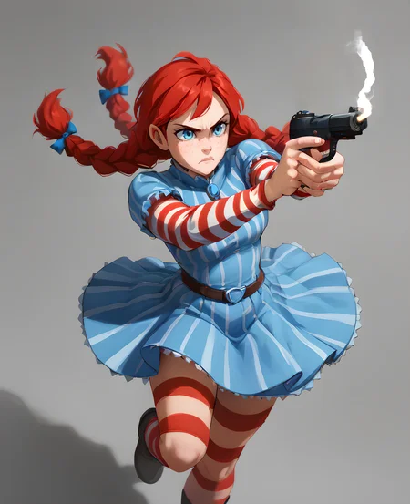 smoke, fn five-seven, five-seven, gun, pistol, firing, <lora:FN Five-seveN:1> 1girl, wendyssdxl, red hair, striped, freckles, blue eyes, long hair, striped sleeves, dress, twin braids, <lora:wendys:1>, score_9, score_8_up, score_7_up, score_6_up, score_5_up, score_4_up,