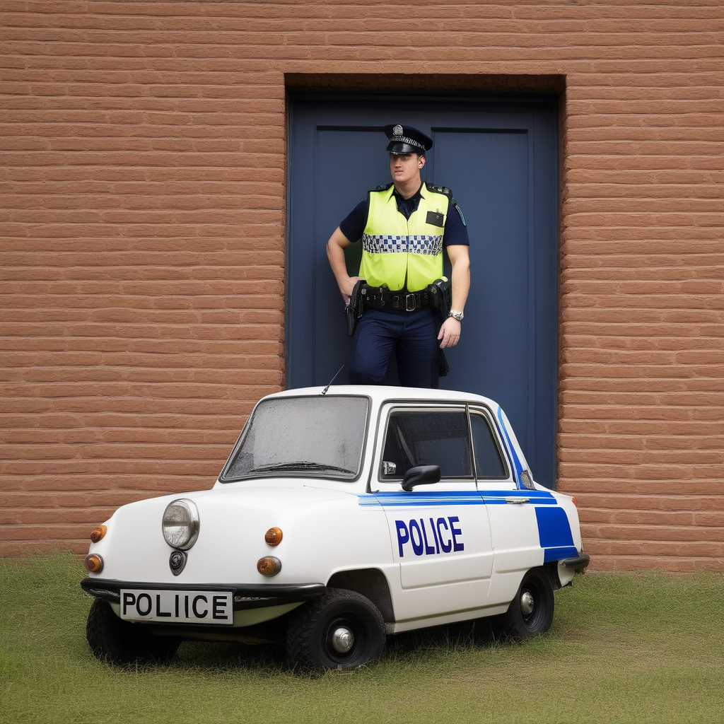 brick wall, outdoors, car, motor vehicle, grass, road, boots, reflection, police, simple background, open door, vest