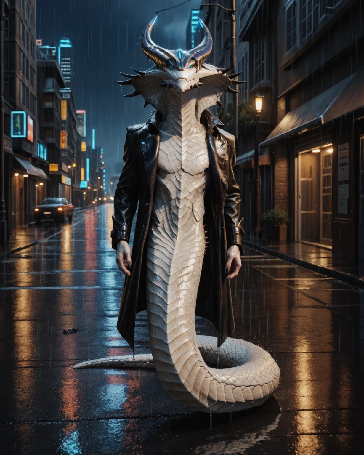 score_9, score_8_up, score_7_up, rating_questionable, intricately detailed,
<lora:Viper_King_XCOM_2:0.8>, 
1boy(v1per_king, leather trenchcoat, bare chest, full body, reptilian, white scales, black spikes, solo, looking at the viewer), 
rain, wet street, wet, science fiction city, futuristic buildings, high rises, on a road, at night, darkness, rainfall, dark theme,
depth of field, detailed background,
<lora:ral-chrosc-clr:0.5>, ral-chrosc-clr,
<lora:Expressive_H:0.5>, expessiveH,
<lora:xl_more_art-full_v1:0.3>,
<lora:add-detail-xl:0.3>