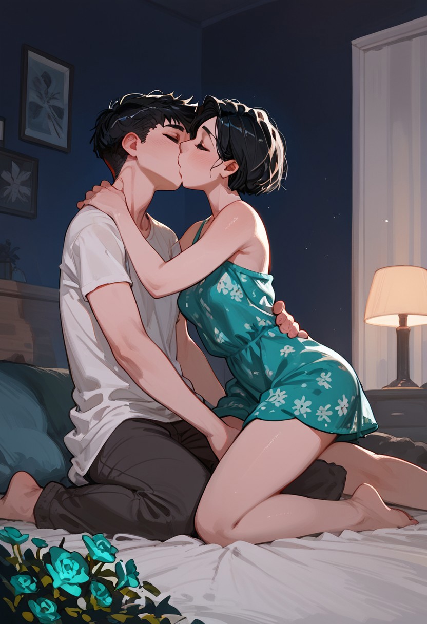 score_9, score_8_up, 
1girl, female, pale white skin, pale blue eyes, thin, black hair, pixie haircut, short hair, emerald flower summer dress, on her knees, kissing, 1male night, on a bed, bedroom, intimate