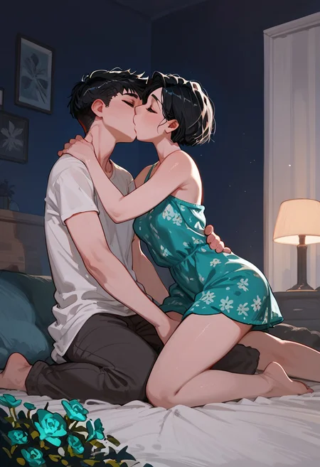 score_9, score_8_up,
1girl, female, pale white skin, pale blue eyes, thin, black hair, pixie haircut, short hair, emerald flower summer dress, on her knees, kissing, 1male night, on a bed, bedroom, intimate