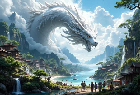 Create an amazing oil painting pic of the following situation: a giant white fog appears high above an asian landscape, some houses,a big white dragon, vivid natural colors, bright, amazing landscape, perfect composition, a rich and complex image of nature, a vibrant tissue of hues and textures captured digitally, best quality, double exposure, realistic, captivating, fantastical, splash art, intricately detailed, hyper detailed, maximalist style, photorealistic, concept art, sharp focus, harmony, serenity, calm, mysterious glow, dynamic lighting, masterpiece, superb composition, finest details, highest aesthetics, strong muted highlighter of fantastical beach rock scenery, mystical glow, best quality, sharp focus, high contrast, stylized, clear, colorful, ultra quality, 8k, best quality, masterpiece,midjourneyv6.1