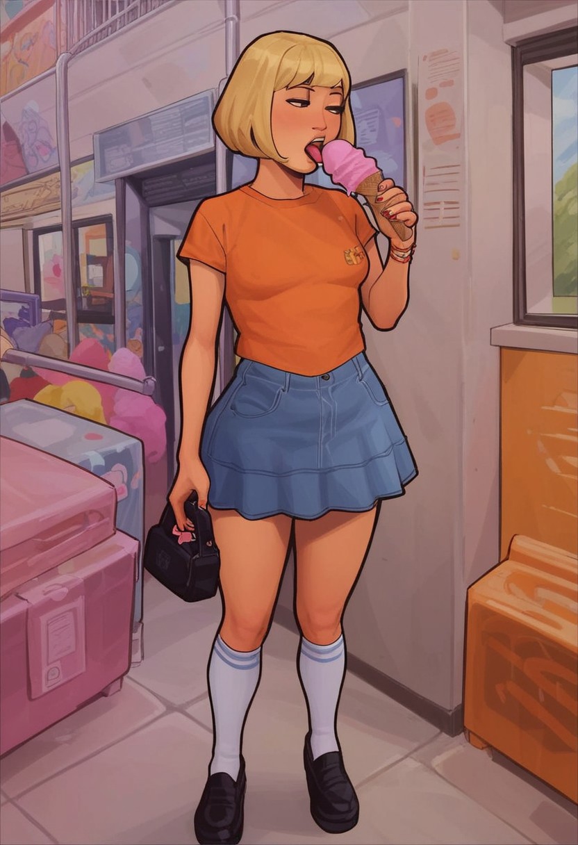 score_9, score_8_up, score_7_up, score_6_up, Masterpiece, 1girl, face focus, face close up, 
1girl, blonde hair, bob hair cut, black eyes, asian, orange t-shirt, small breasts, thick thighs, mini skirt, jeans skirt, knee socks, white socks, black shoe, standing, licking ice cream, pink ice cream