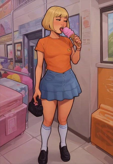 score_9, score_8_up, score_7_up, score_6_up, Masterpiece, 1girl, face focus, face close up,
1girl, blonde hair, bob hair cut, black eyes, asian, orange t-shirt, small breasts, thick thighs, mini skirt, jeans skirt, knee socks, white socks, black shoe, standing, licking ice cream, pink ice cream