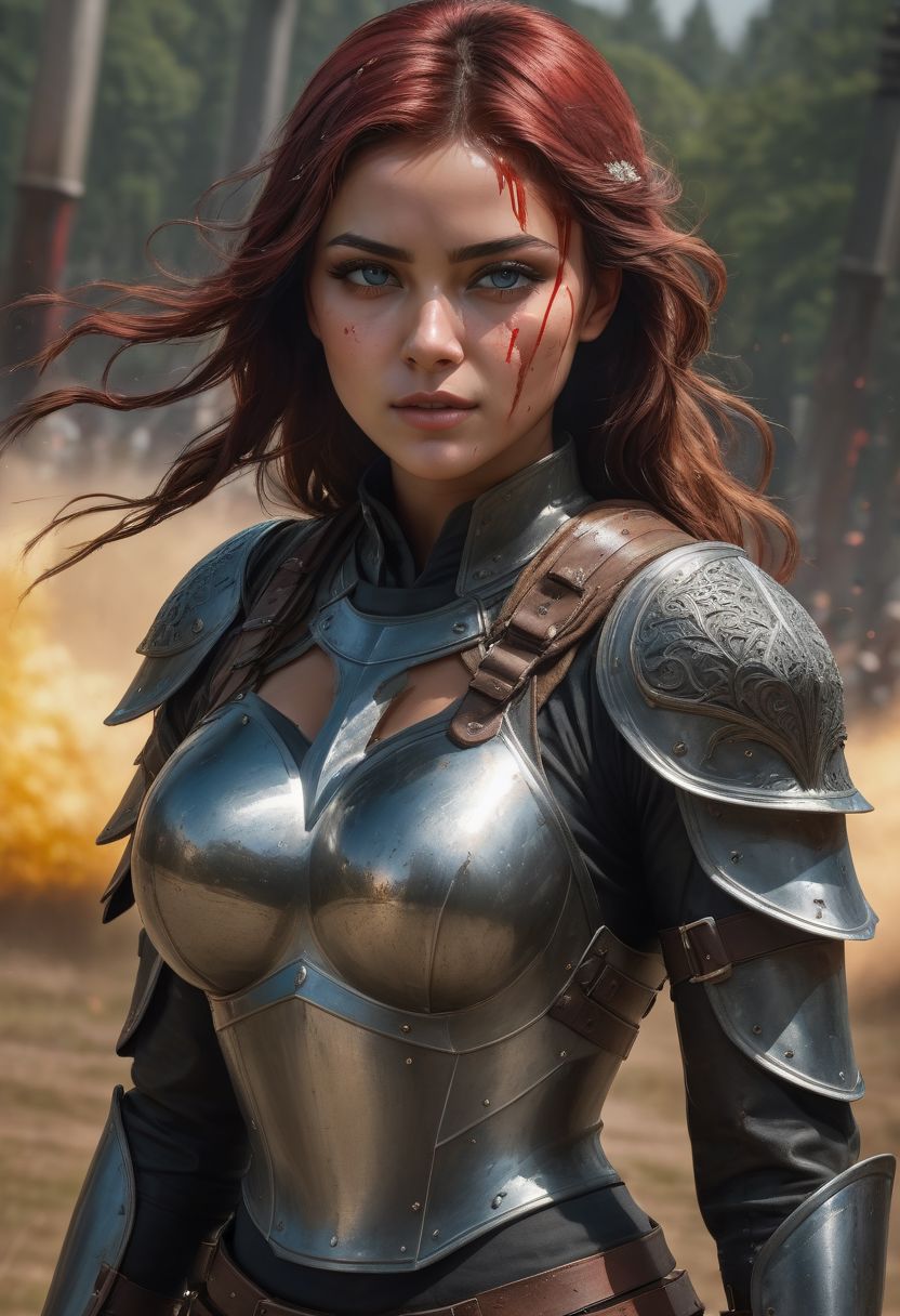 Beautiful Knightess in shiny iron armor, (standing in the middle of a bloody battle on the battlefield: 1.8), fighting pose, wavy red hair, nice dirty and serious face, fantasy, oily skin, full body, athletic figure, beautiful blue eyes, colorful flowers, 8k, ultra realistic, hyper realistic, highly detailed, curves, beautiful perfect close-up pupils, daylight, fantasy style, high contrast, colorful polychromatic, beautiful firm Breasts, defiant and seductive, wet oily shiny skin, ultra detailed, (Intricately Designed dirty face: 1.3), Cinematic clorful lighting, realistic body and face, Photograph Taken on Nikon D750, Intricate, Elegant, Digital Illustration, Scenic, Hyper-Realistic, Unreal Engine, CryEngine, Octane Render, Artgerm, WLOP, Greg Rutkowski, 8k ultra high resolution concept art, hyper-defined, sharp focus, echoing, (hyperdetailed body and face: 1.3), Atrractive, Atrractive 21 years old woman, attractive bust girl