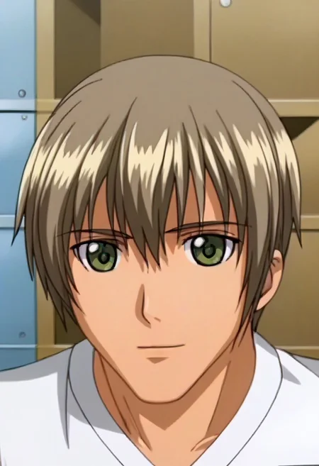 ((masterpiece)), ((best quality)), ((ultra-detailed)), ((absurdres)), score_9_up, score_8_up, score_7_up,
HD, top quality, best quality, amazing quality, High-quality illustrations, anime screencap, source_anime, best aesthetic, perfect proportions, perfect eyes, 1boy, 1male, solo boy, solo male, male focus, solo male focus, Anime, boy, male anime character, anime boy, handsome, sexy, cute, charming, ((looking at front, looking at viewer)), ((front shot, front view, view from front)), Hajime Saisho, gray-brown hair, dark green eyes, white polo shirt, updn, easynegative, Expressiveh, ((face shot, face only shot, face focus)), ((locker room))