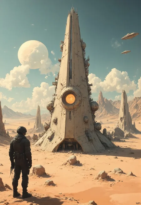 Imagine a futuristic, desert-like landscape with a sci-fi theme. The central focus is a large, sleek spacecraft with a triangular shape and a smooth, metallic surface, painted in a light beige color. The spacecraft has a large, round cockpit with a bright, glowing orange light emanating from it, suggesting it's active. The cockpit is surrounded by a complex array of sensors, antennas, and control panels. In the foreground, on the left, stands a humanoid figure in a futuristic, armored suit with a helmet, possibly a pilot or a crew member. The figure is silhouetted against the sun, casting a shadow, and appears to be gazing upward at the spacecraft. The background features a vast, arid desert with scattered rocks and a few small, rugged mountains in the distance. Fluffy, white clouds are scattered across the sky. Two additional spacecraft, similar in design to the central one, are visible in the background, hovering in the sky.  Big white moon. The overall atmosphere is one of awe and anticipation, suggesting a moment of arrival or exploration in a distant, alien world. The atmosphere is serene yet awe-inspiring, with a mystical, almost dreamlike quality. Cinematic composition, with a sense of scale that emphasizes the sheer grandeur of the ship against the timeless landscape. High detail, ultra-textured, 8K resolution, atmospheric depth, concept art. anime, cyberpunk, DB4RZ, DB4RZ style painting, in the style of cksc, sharp, 8k, very detailed