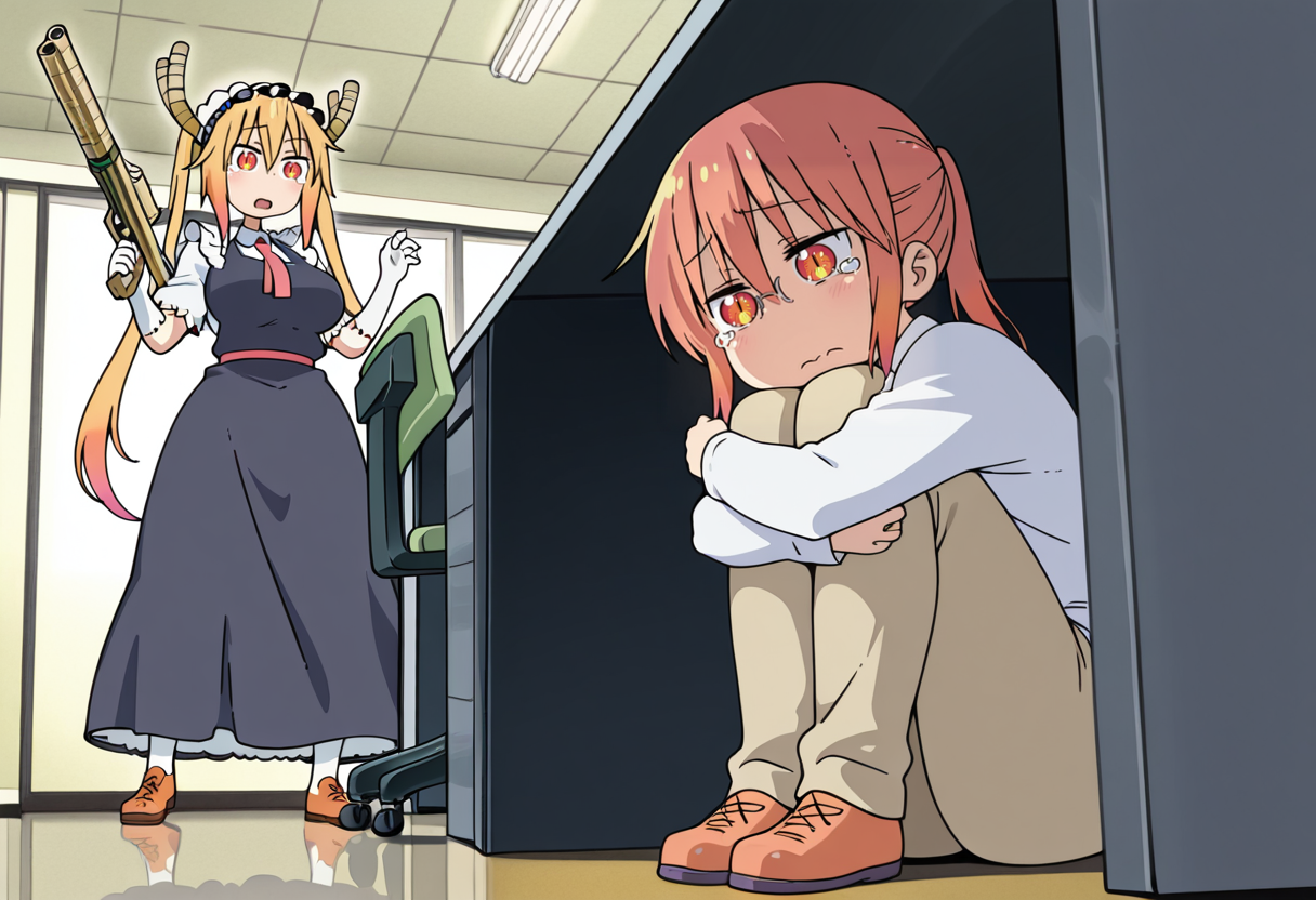 best quality, masterpiece, absurdres,  tohru \(maidragon\),  kobayashi \(maidragon\), 2girls, hugging own legs,  under desk, tears,  weapon, gun,   office, h1dingfromterm  <lora:tohru_maidragon:1> <lora:Hiding_from_Terminator_I_Meme_Pose_Concept_I_IllustriousXL_and_NoobAI:1.8>