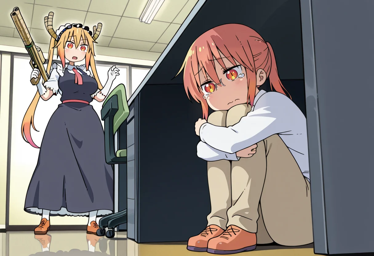 best quality, masterpiece, absurdres, tohru \(maidragon\), kobayashi \(maidragon\), 2girls, hugging own legs, under desk, tears, weapon, gun, office, h1dingfromterm <lora:tohru_maidragon:1> <lora:Hiding_from_Terminator_I_Meme_Pose_Concept_I_IllustriousXL_and_NoobAI:1.8>