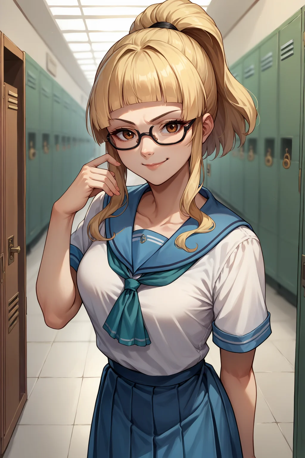 score_9, score_8_up, score_7_up, score_6_up, source_anime, 1girl, solo, <lora:feclair-pdxl-nvwls-v1-000006:1> feClair, blonde hair, high ponytail, blunt bangs, white shirt, blue sailor collar, neckerchief, blue skirt, looking at you, glasses, smirk, hand up, hallway, lockers