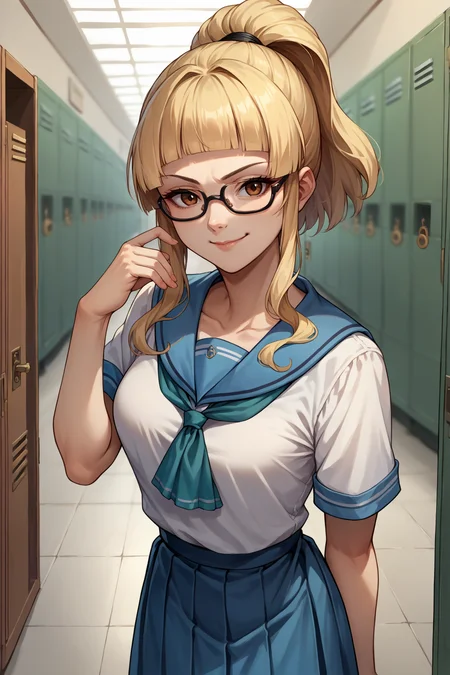 score_9, score_8_up, score_7_up, score_6_up, source_anime, 1girl, solo, <lora:feclair-pdxl-nvwls-v1-000006:1> feClair, blonde hair, high ponytail, blunt bangs, white shirt, blue sailor collar, neckerchief, blue skirt, looking at you, glasses, smirk, hand up, hallway, lockers