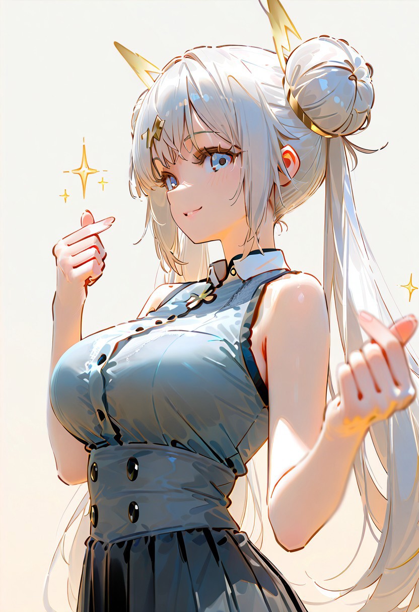 masterpiece, ultra-HD, very aesthetic, 8K, high detail, depth of field, score_9, score_8_up, score_7_up, score_6_up, perfect anatomy, no distorted limbs, accurate anatomy, best quality, (anime:1.2), 
BREAK
(1girl, long white hair, lightning-shaped hair accessory, double bun ponytails, pale blue eyes, medium breasts, wearing sleeveless grey maid top with buttons, black long skirt, no maid decorations, hands making finger heart gesture, gentle smile, confident pose), 
BREAK
(side profile perspective, side view, viewer at chest level, side profile, head looking the viewer, look at viewer), 
BREAK
(no background:1.5), 
BREAK
(soft lighting:1.1, warm golden glow:1.2, vivid colors, high contrast, emotional atmosphere, healing vibe, warm tones), perfecteyes, NEGATIVE_HANDS, ruanyi1229