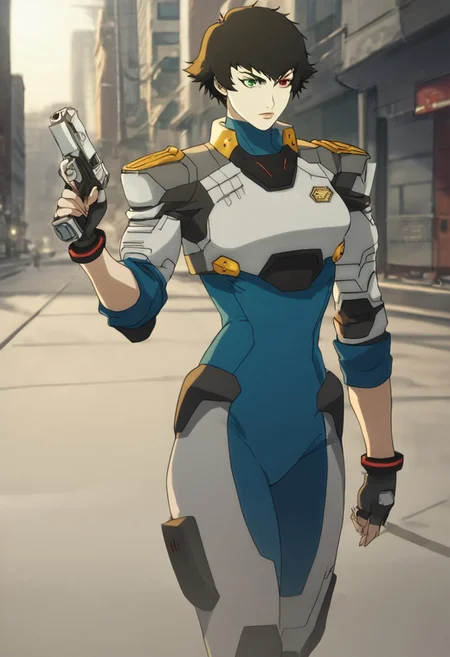 score_9_up, score_8_up, score_7_up, score_6_up, source_anime BREAK l4dydmc4n1m3, red eyes, green eyes, heterochromia, black hair, short hair, bodysuit, fingerless gloves, black gloves, pilot suit, epaulettes, elbow pads, uniform, standing, holding weapon, handgun, city street, daytime, masterpiece, beautiful lighting
