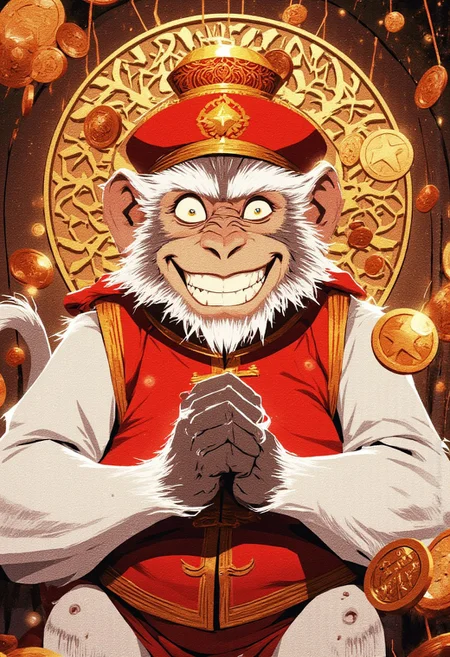 This is a digital drawing in a cartoon style featuring a cheerful, anthropomorphic monkey. The monkey has a wide, expressive face with large, round, yellow eyes and a broad, toothy grin. Its fur is primarily white with a few gray patches, particularly around the ears and hands. The monkey is wearing a red, traditional Chinese-style hat with a gold band and a small, golden ornament on top. It also has a red, sleeveless vest with gold trim around the collar and cuffs.
Surrounding the monkey are several gold coins with a star pattern, floating in the background, suggesting prosperity or good luck. The background itself is a complex pattern of brown and gold geometric shapes, adding a sense of depth and texture to the image. The monkey's hands are clasped together in front of its chest, suggesting a gesture of happiness or gratitude.
The overall color palette is warm, with the monkey's fur and the red hat contrasting against the earthy tones of the background. The image exudes a playful and festive atmosphere, likely depicting a scene from a traditional festival or celebration.mythp0rt, zhongfenghuaStyle, Detailed hand, Hand, Perfect hand, art by incase