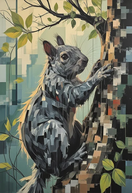 ckbwaw, a digital artwork in the style of ckbwaw, l0wp0ly, m0d3rn1mpr, a squirrel is climbing up a tree, bright eyes, best quality,masterpiece, detailed, UHD, award-winning,vibrant,acid colors,illustration,concept art,surreal,dark,tenebrous, relaxing,cinematic,archaic,nature,vista,closeup,zoomed,hdr,fern green,beige,pale cyan,calm atmosphere,idyllic
