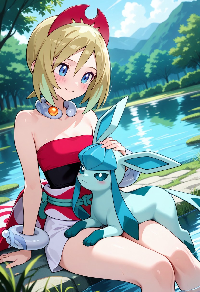 masterpiece, best quality, newest, absurdres, highres, anime,
irida \(pokemon\), glaceon,
1girl, solo, blush, smile, petting,
outdoors, pond,
dutch angle,