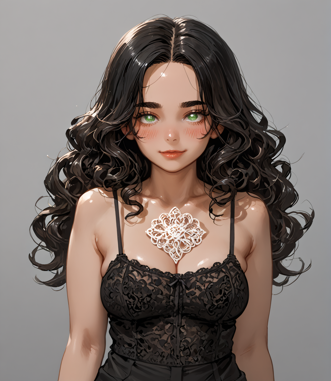 PonyScores7, source_anime, ah1, <lora:natsumi_style:1>, BREAK 1girl, (curly hair), long hair, (black hair:1.3), mature female, (parted hair:1.7), (round face:1.2), (thick eyebrows), (curvy), round-chin, (greenish hazel eyes), caucasian, (downturned eyes:1.2), (plump face), <lora:ETO_OCPonyXL:0.5> eto_oc, skindentation, (plump), thick thighs, wide hips, busty, voluptuous, kinky curls, lips, <lora:venus body PonyXL:0.4>,  (shy, blush, smirking at viewer), (Shrouded in darkness with glowing eyes the only visible feature,), (Hauntingly empty, moonlit carnival grounds), looking at viewer, (fuchsia (crayola) Wedges, Fishnet Socks, Palazzo Pants, Camisole), BREAK <lora:xl_more_art-full_v1:0.2>, <lora:shinyskin2:0.2> glistening skin, <lora:aesthetic_anime_v1s:0.2>, <lora:Expressive_H:0.2> Expressiveh, <lora:hairdetailpxl:0.2> hairdetailpxl, <lora:EpicF4nta5yXL:0.2>, <lora:detailxl:0.2> detailxl, <lora:Fant5yP0ny:0.2>, best quality, amazing quality, best aesthetic, absurdres, <lora:expressive eyes:0.2> expressive eyes, <lora:eyedetailpxl:0.2> eyedetailpxl, illustration, Volumetric_Lighting, ultra-detailed, very aesthetic, intricate details, 8k, masterpiece, best_quality, BREAK (Aerial view Close shot (focus on chest)), BREAK <lora:Eyes_High_Definition:0.3> EyesHD, Stable_Yogis_PDXL_Positives, AS-Adult, <lora:Complicated fantasy portrait - XL Pony V2.0:0.4>, bad-hands-5,