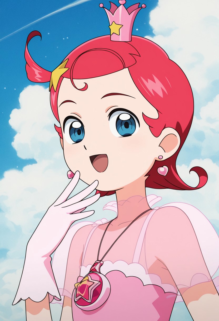masterpiece, best quality, source_anime,official art,perfect_anatomy,princess comet, 1girl,  blue eyes,  ahoge, red hair, short hair,  star hair ornament,magical girl,  mini crown, earrings,  jewelry,star (symbol), necklace, pendant, dress, see-through, gloves, looking_at_viewer,happy,smile,open mouth,portrait,day,blue_sky,cloud