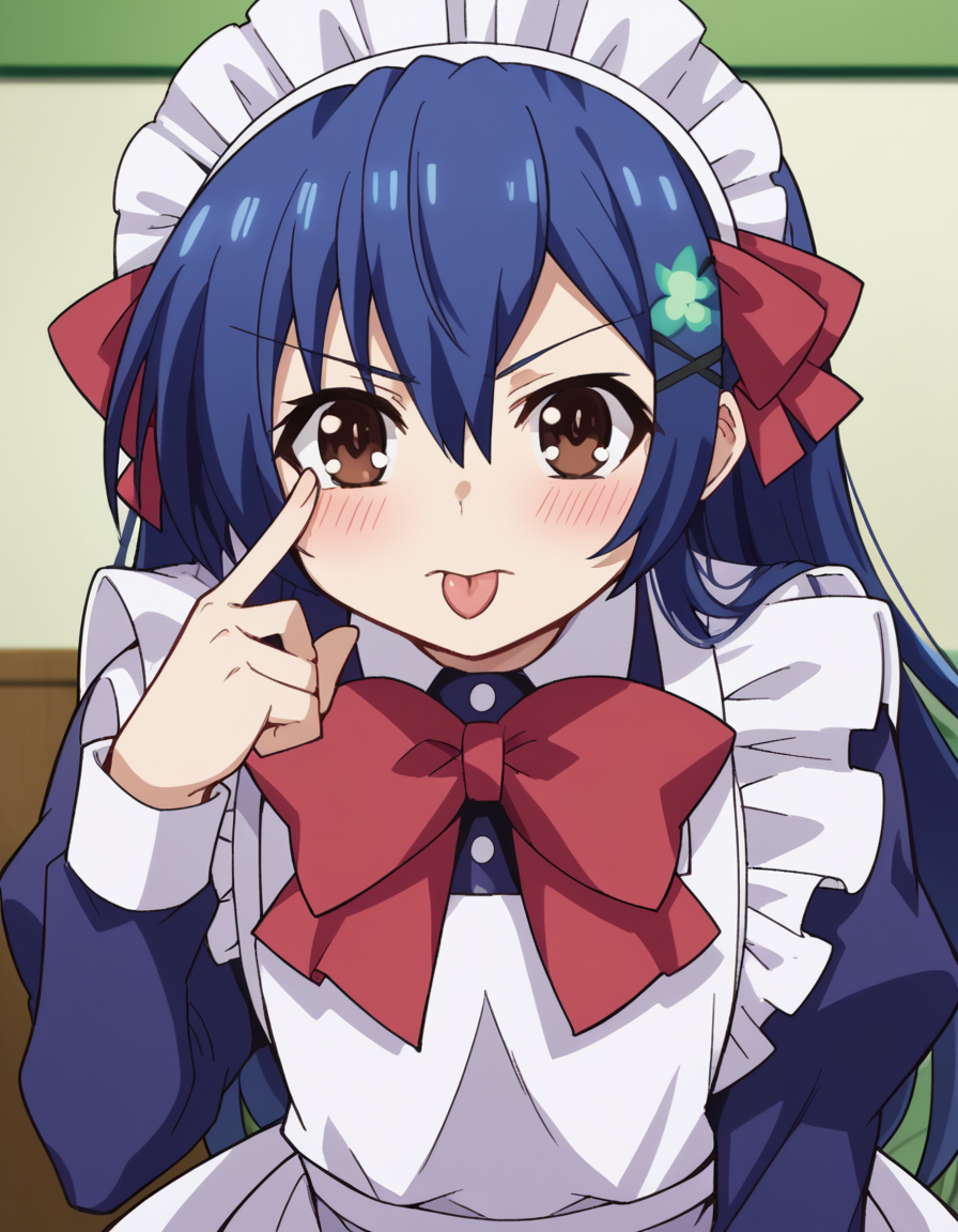 score_9, score_8_up, score_7_up, source_anime, <lora:shiori-itsuka-s2-ponyxl-lora-nochekaiser:1>, shiori itsuka, long hair, hair ornament, brown eyes, blue hair, hairclip, otoko no ko,, long sleeves, dress, bow, frills, bowtie, apron, red bow, maid, maid headdress, crossdressing, enmaided, living room, video game, controller, competitive, fun, afternoon, , <lora:akanbe-ponyxl-lora-nochekaiser:1>, akanbe, eyelid pull, finger to eye, tongue out, :p, tongue, ;p, blush, leaning forward, bent over, from side,, looking at viewer, solo,, dutch angle, cowboy shot