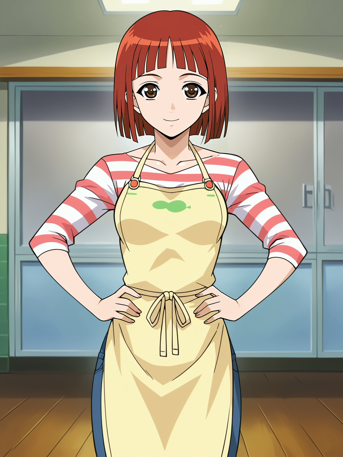 <lora:Mizuho_Shinozaki-Hitozuma_Ryoujoku_Sankanbi:1>,Mizuho,1girl,solo,red hair,brown eyes,short hair,blunt bangs,medium breasts,striped shirt,apron,denim,hands on own hips,cowboy shot,looking at viewer,indoors,smile