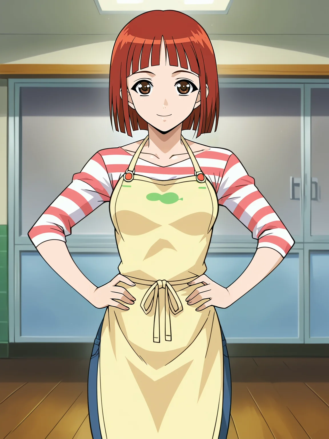 <lora:Mizuho_Shinozaki-Hitozuma_Ryoujoku_Sankanbi:1>,Mizuho,1girl,solo,red hair,brown eyes,short hair,blunt bangs,medium breasts,striped shirt,apron,denim,hands on own hips,cowboy shot,looking at viewer,indoors,smile
