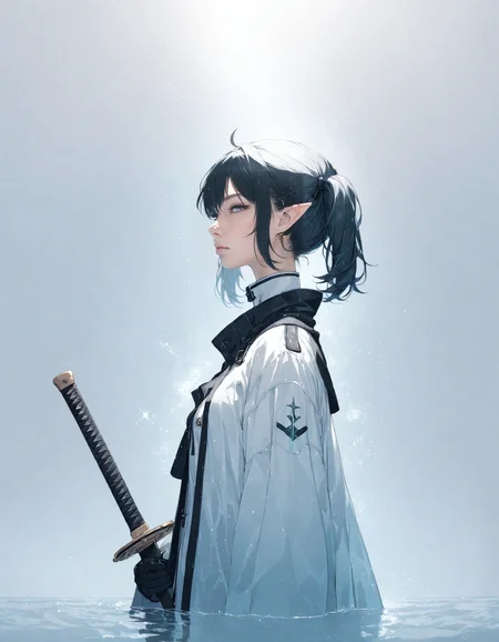 1girl, aetrns2, gloves, holding weapon, jacket, light particles, long sleeves, looking at viewer, parted lips, partially submerged, pointy ears, profile, short hair, simple background, solo, sword, twintails, weapon, white shirt <lora:Aeternus:1>