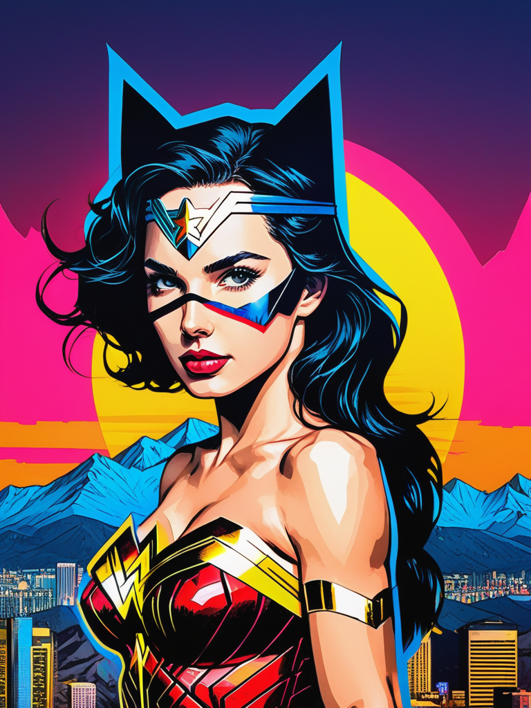 <lora:11VisualArt_Hap_XL:1.5>,Sandra Chevrier style,collage,torn paper effect ,pop art, comic book, superhero, wonder woman,  source_anime, retrowave, mountainous horizon, sunset, neon lights, cityscape, 1girl, fox ears, looking at viewer, cleavage, neon trim