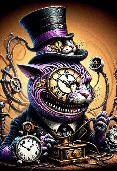 T-shirt design, steampunk, art robot , cheshire cat, with tophat and clock embedded in it, old-school style tattoos