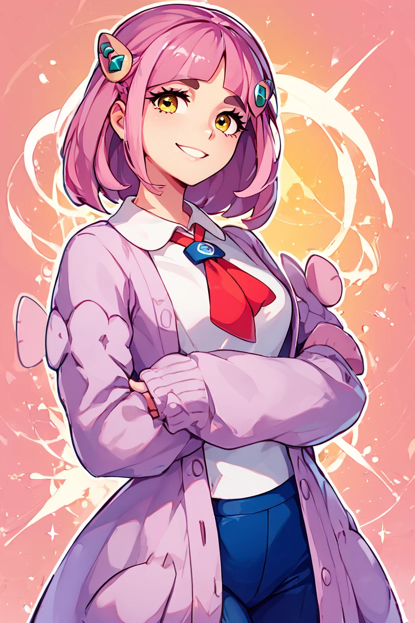 score_9, score_8_up, score_8, medium breasts, (curvy), cute, eyelashes, ,,, , ,,, zzLacey, yellow eyes, pink hair, medium hair, hair ornament, shirt, long sleeves, hairclip, white shirt, cardigan, open clothes, <lora:Lacey_Pokemon_PDXL:1.0>, ,,,, BREAK, smile, looking at viewer, ,,, abstract background, white outline, cowboy shot, ,,, embedding:zPDXL, Expressiveh, ,,, <lora:CatalystStylePDXL:0.6>, <lora:SDXLFaeTastic2400:0.5>, <lora:Expressive_H-000001:0.4>,
