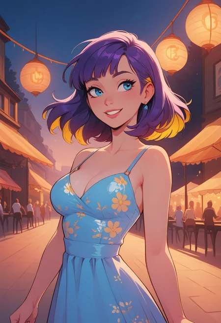 score_9, score_8_up, score_8, 1girl , solo sexy woman, sky blue eyes, straight short purple hair, elegant bob hair, (yellow highlights), bangs, hair swept to one side, pink eyeliner, perfect face, elegant, refined, medium breasts, colorful floral sundress, sweet smile, dynamic pose, volumetric lighting, cinematic lighting, outdoors, festival, vibrant colors, blurry background