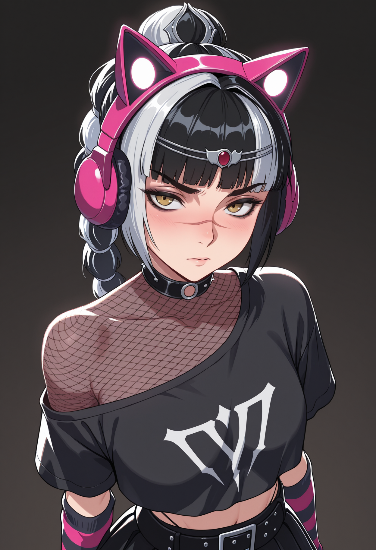 masterpiece, best quality, amazing quality, 1girl, solo,
ggheart , scar on face,
braid, bangs, multicolored hair,
cat ear headphones, skirt, striped gloves, , crop top, fishnets,
<lora:ggShadowheart_illustrious_byJaneB:1>
, portrait,